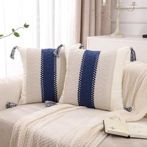 Tosleo Boho Navy Blue Striped Throw Pillow Covers 20x20 Set of 2 with Tassels Neutral Coastal Pillowcase Farmhouse Rustic Retro Cushion Case Bohemian Home Spring Summer Decor for Wedding Living Room,20" x 20" (Pack of 2)