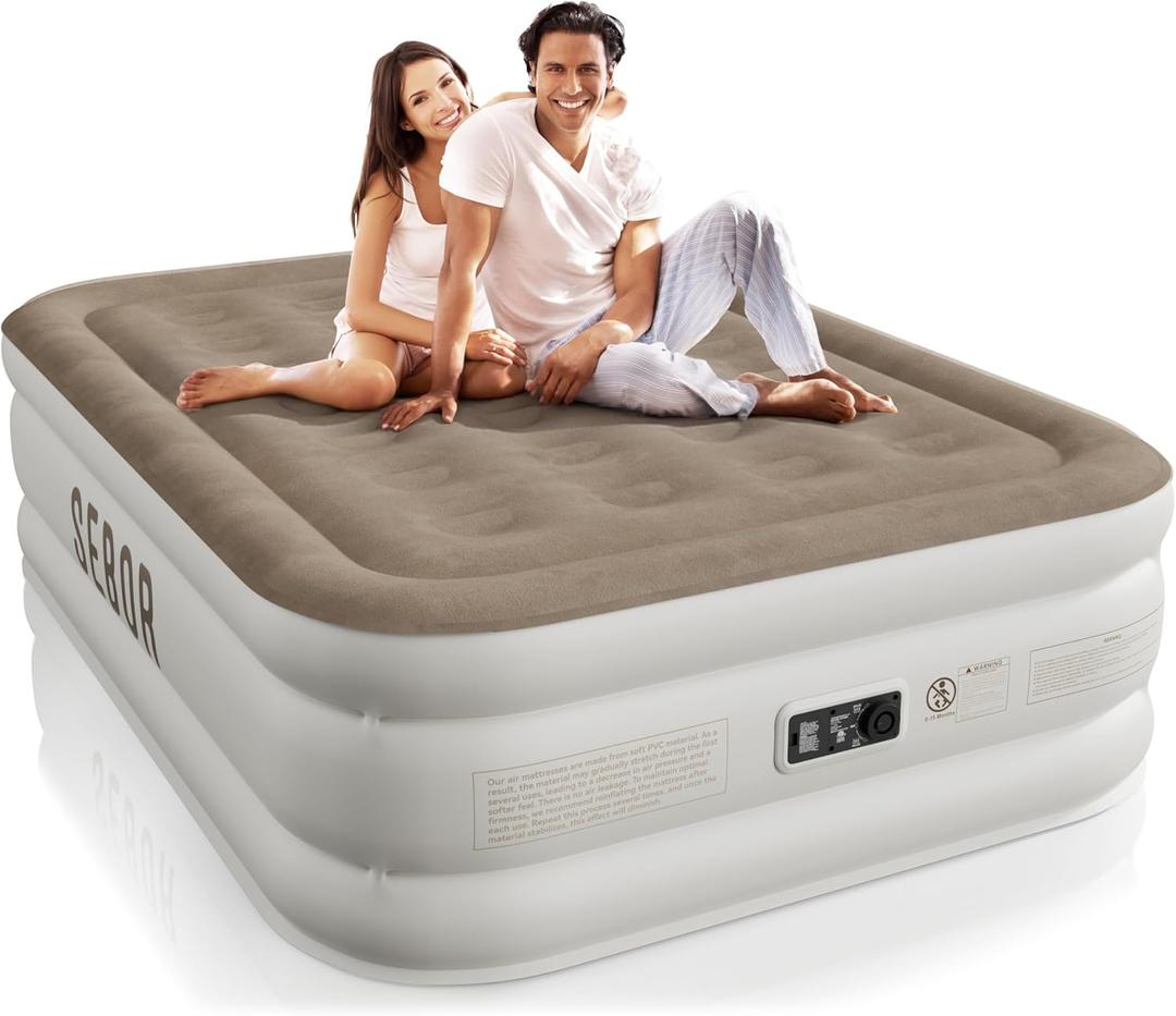 Sebor Air Mattress Full with Built-in Pump 18", Comfortable Self-Inflating Air Mattress with High-Speed Pump, Durable Blow Up Mattress Full with Storage Bag for Guests, Camping, Travel (Khaki)
