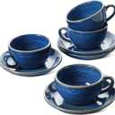 LE TAUCI 8 oz Cappuccino Cups with Saucers, Set of 4, Large Ceramic Coffee Cup Set for Au Lait, Flat White, Latte, Cafe Mocha, Tea, Embossed - Ceylon Blue