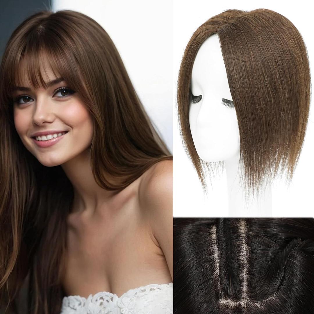 Rootoo Hair Toppers for Women Real Human Hair, 12 Inch Realistic Biological Scalp Topper Hair Pieces for Women with Thinning Crown with Middle Part Clip in Bangs Big Base 360 Cover (Medium Brown)