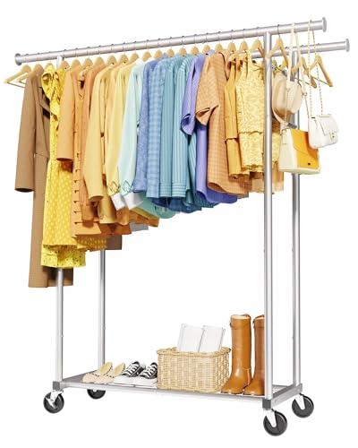 Sakugi Mobile Double Rod Clothes Rack, Freestanding Garment Organizer with Medium Load Capacity and Bottom Storage Shelf for Home Use,Silver