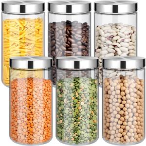 6 Pcs 50 oz Clear Glass Canister Set with Stainless Steel Lids, Food Storage Containers for Kitchen & Pantry Storage, Dry Foods Including Flour Sugar Coffee Rice Tea Spices Herbs