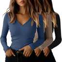 Ficerd 3 Pack Women's Long Sleeve T Shirts Cotton V Neck Slim Fit Tops Ribbed Knit Layering Casual Basic Tees Fall (Medium)