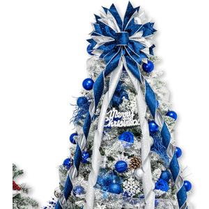 Hismir Christmas Tree Topper Bow, 53x13 Inches Large Christmas Bow with Glitter Streamer, Decorative Ribbon Bows for Xmas Tree Wreath Door Festival Home Decor (Blue & Silver)