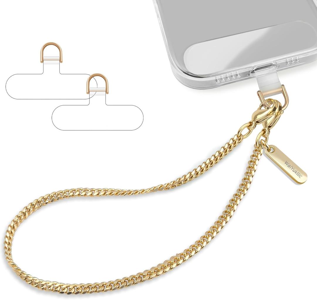 Phone Charm Strap Metal Chain Wristlet for iPhone case Hands-Free Phone Wrist Strap with 2 Tether Tabs Anti Theft strap for Women & Girls Travelling & Parties (Gold)