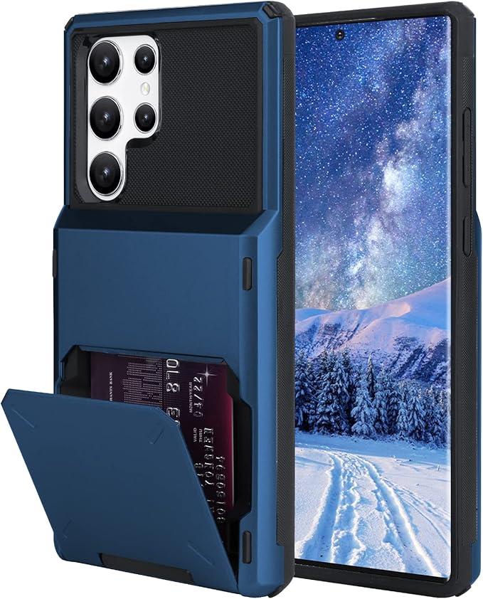Wallet Case for Samsung Galaxy S22 Ultra with 4 Card Credit Card Holder Slot Shockproof Cover Hybrid Heavy Duty Protection Armor Phone Case Compatible with Samsung Galaxy S22 Ultra-Blue