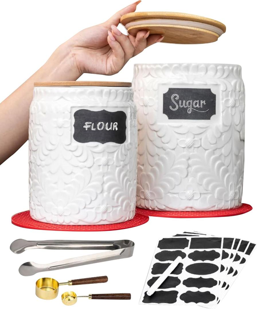 Ceramic Canisters Sets for the Kitchen Set of 2 - 94/52 Oz - Food Storage Containers, Airtight Bamboo Lid, Decorative Flour Coffee Sugar Canister, Food Container for Coffee, Sugar, Cookie, Treat Jar