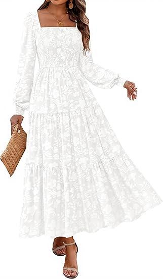 KIRUNDO Wedding Guest Dresses for Women Spring 2026 Long Sleeve Smocked Floral Flowy A Line Boho Maxi Dress Fashion Clothing XL