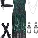 Women's Vintage 1920s Sequin Beaded Tassels Hem Flapper Dress w/Accessories Set (Green) X-Smal