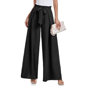 Lepunuo Wide Leg Pants for Women High Waisted Palazzo Pants Work Casual Flowy Tie Knot Trousers with Pockets (Medium) Black