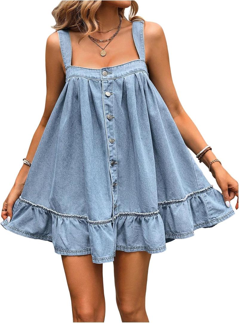 SHENHE Women's Ruffle Hem Denim Mini Dress Sleeveless Button Up Flowy Jean Tank Dresses S