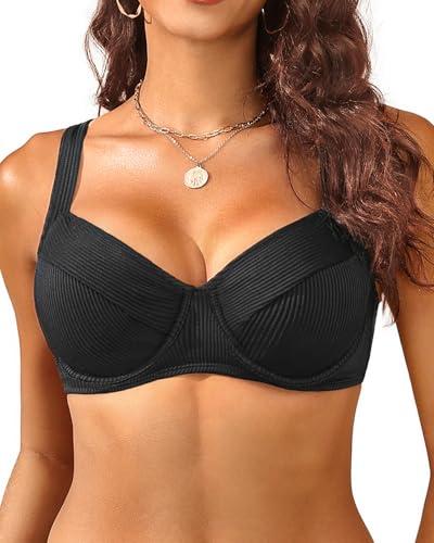 Women's Underwire Push Up Bikini Top - Ribbed Swim Bra 2025 Large Bust Bathing Suit Tops Black L