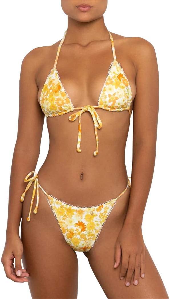 Bikinis Swimsuit Set for Women Swimwear Triangle Bathing Suit Tie String Thong (Medium, Yellow)
