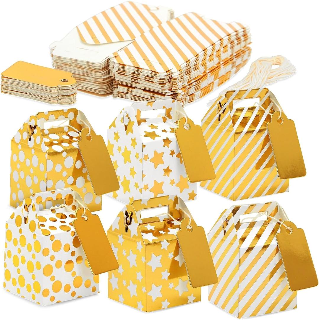 Juvale Party Favor Boxes - 36 Mini Gold 2 x 2 x 2 in With Tags & Strings - 3 Patterns Polka Dot, Stars & Stripes - Paper Packaging for Wedding & Birthday Truffles Juvale Party Favor Boxes - 36 Mini Gold 2 x 2 x 2 in With Tags & Strings - 3 Patterns Polka Dot, Stars & Stripes - Paper Packaging for Wedding & Birthday Truffles