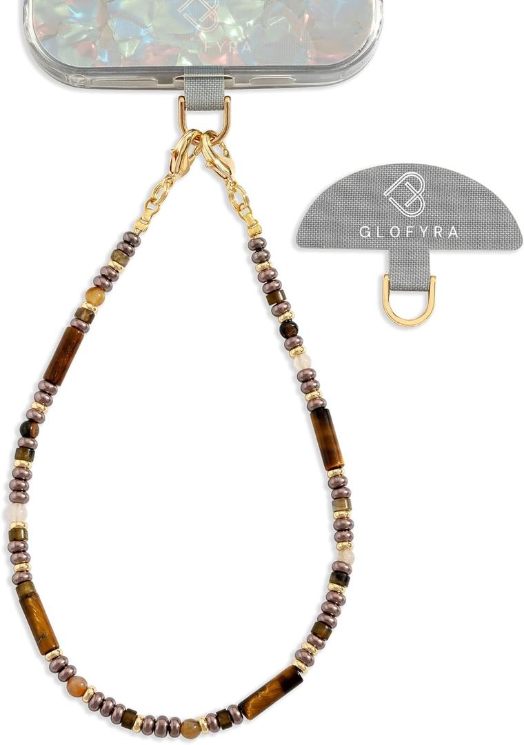 Beaded Phone Lanyard for Women Natural Stone Phone Wrist Strap Handmade Smartphone Wristlet Strap Beaded Wrist Chain (Brown)