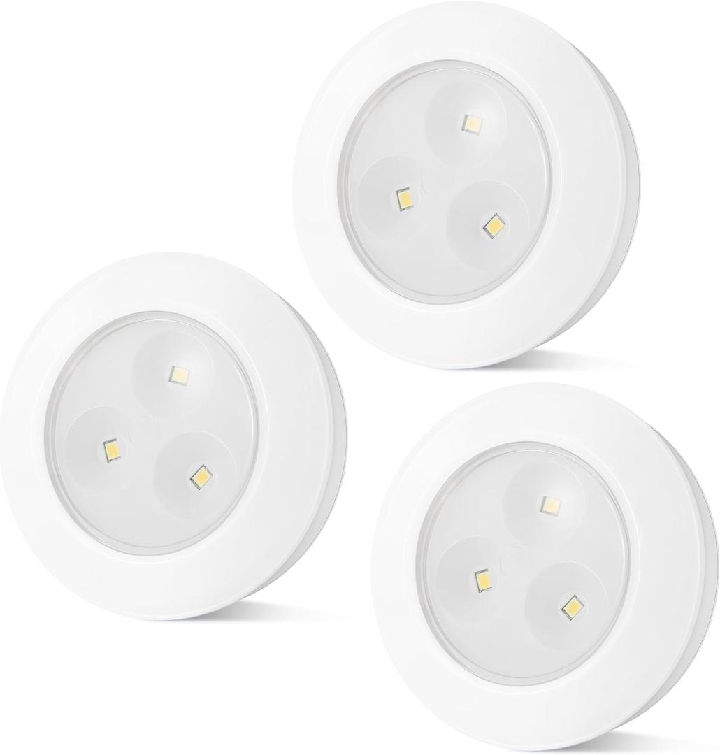 BIGMONAT LED Puck Light, Stick on Lights, Closet Lights Battery Operated, Tap Lights, 60 Lumens Touch Light, Under Cabinet Lighting, Ideal for Kitchen Cabinets, Closets, Garage and More, 3-Pack, White