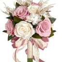 9 Inch Dusty Pink Wedding Bouquets for Bride Bridesmaid, Artificial Fake Roses Flowers Champagne Ivory Pastel Pink Bridal Bouquet Spring Fall Boho Rustic Wedding Decoration Toss Bouquet Prom