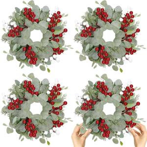 4 Pcs Christmas Artificial Christmas Eucalyptus Wreath 10 Inch Greenery for Front Door Cabinets Indoor Outdoor Wall Decor Christmas Wall Home Kitchen Porch Window Decoration