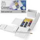 Winsor & Newton Cotman Watercolor Paint Set, Field Pocket Set, 12 Half Pan w/ Brush, Sponge, Bottle