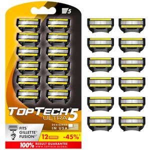 ULTRA 5 Razors for Men - Replaceable Cartridges for Manual Shaving Razor - 5 Blades Technology Refills - 12 Count Pack - Fits Gillette Fusion - Soft Shave, Sharp Blades - Cost-effective Refill
