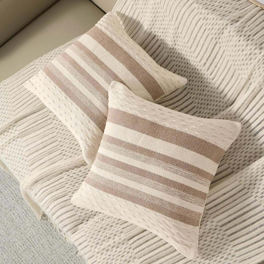 ORTIGIA Boho Decorative Throw Pillow Covers 18x18 Set of 2 Striped Linen Taupe Couch Farmhouse Textured Neutral Pillowcase for Home Decor Sofa Bed Living Room Bedroom Outdoor