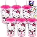 Hello Kitty Kids 16 Oz Reusable Cups - Sanrio Party Favor 6 Piece Bundle with 16 Oz Cup with Lid and Straw Plus Stickers for Boys, Girls | Hello Kitty Tumbler with Straw