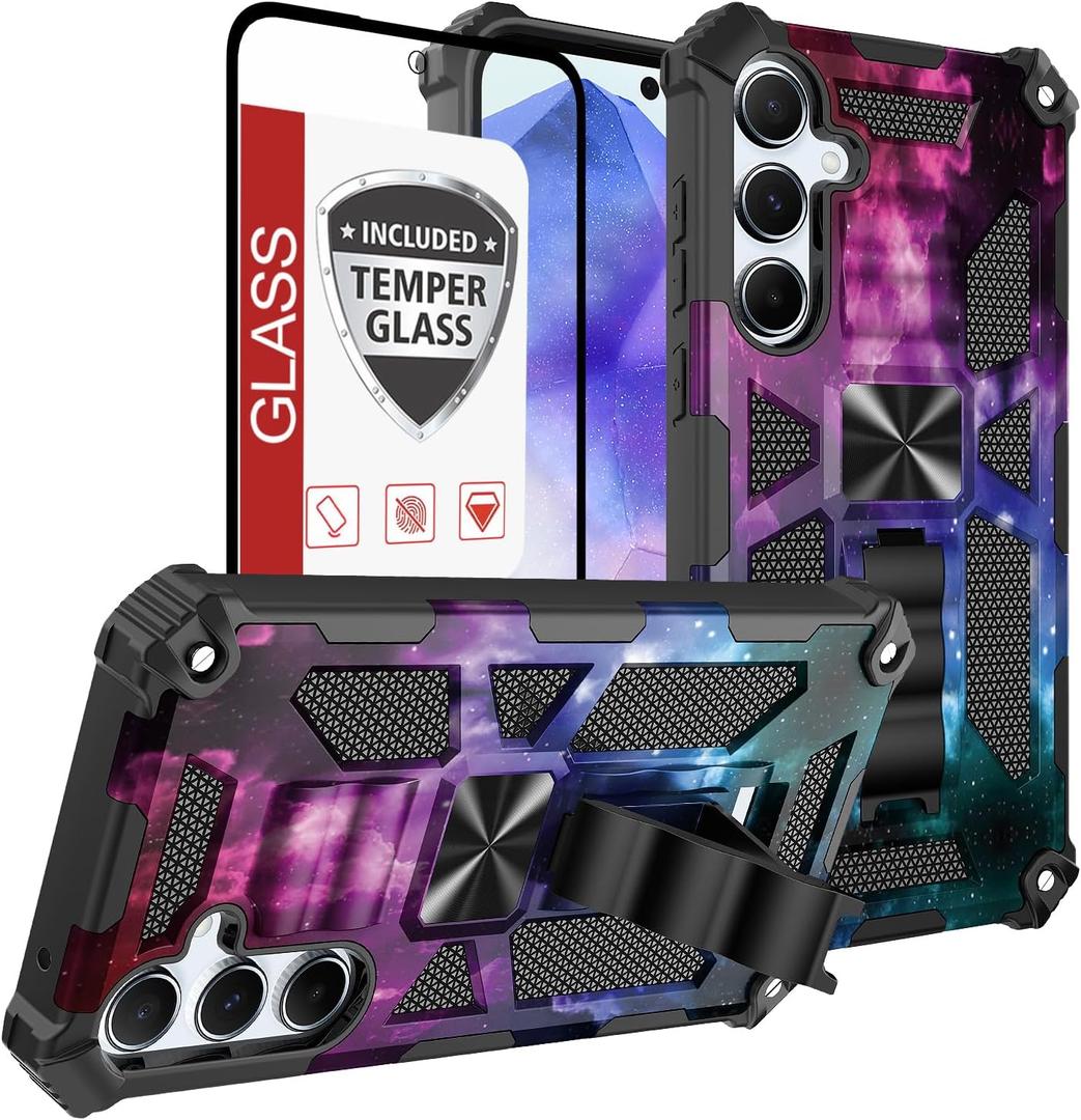 Phone Case for Galaxy-A35-5G Case w/Tempered Glass Screen Protector(Full Coverage) [Full-Body][15FT Mil-Grade][Built-in Kickstand] Car Magnetic Protective Cover for Women Man Blue Black Star Galaxy