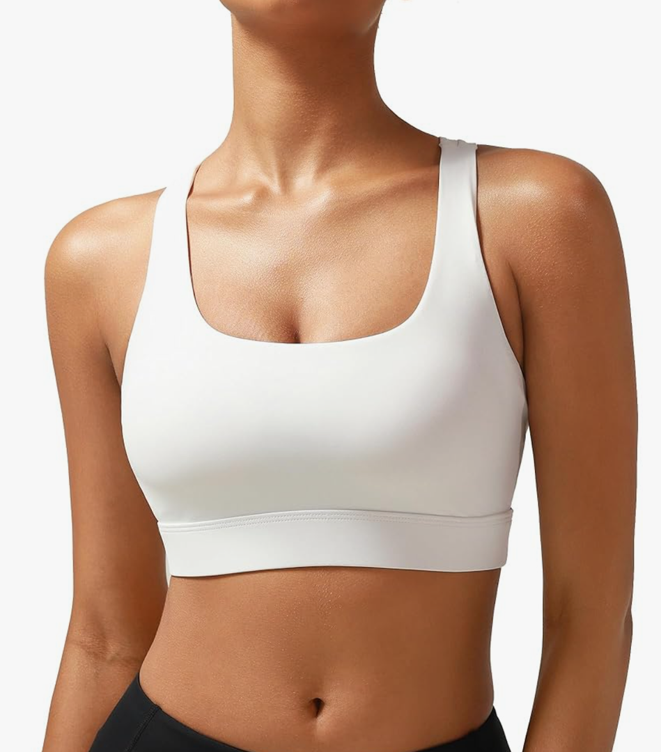 RUNNING GIRL High Impact Sports Bras for Women - Scoop Neck Strappy Sports Bra High Support Moulded Cup Workout Bra, (B-white, Small)