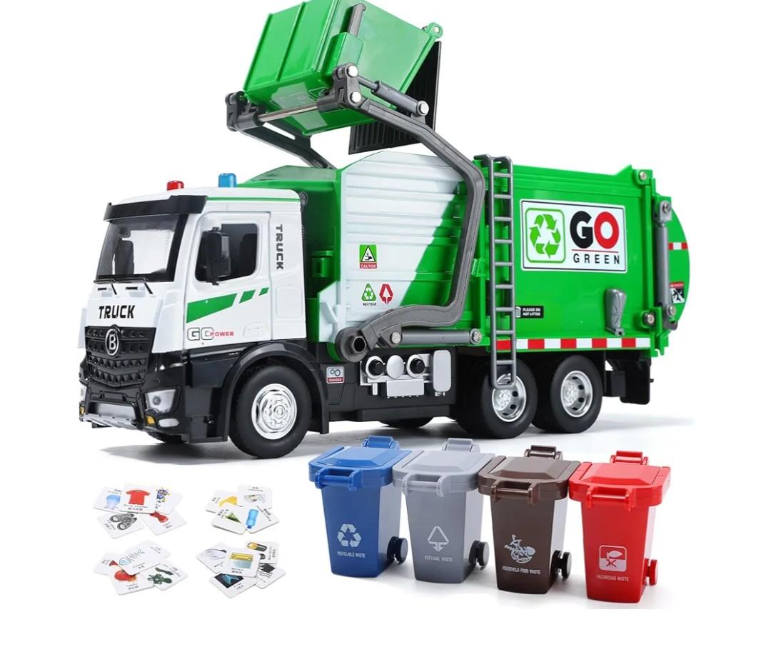 HOLYFUN 12'' Electric Garbage Truck Set with Front Loader/Metal Cab, Friction-Powered Recycling Vehicle with Dumpster, 4 TrashBins & Sorting Cards, TrashTruck Toy with Lights/Sounds for Kids
