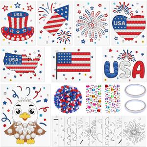 Funrous 24 Sets 4th of July Card Making Kits DIY Patriotic Pom Pom Art & Crafts with Diamond Stickers USA 4th of July Make Your Own Card Kits for Kids 250th Anniversary Classroom School Activities