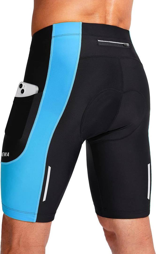 Bikewa Men's Bike Shorts 3D Padded Cycling Road Biking Mountain Riding Biker Bicycle UPF 50+ Cycle Shorts Zipper Pockets (Large, Black/Sky Blue)