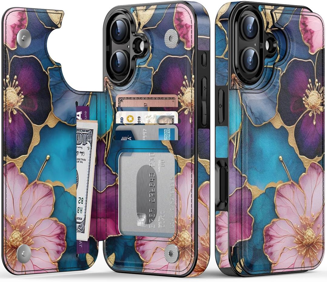 FUNMIKO for iPhone 16 Plus Wallet Case with Card Holder + Cash Clip, RFID-Blocking, Military-Grade Drop Protection & UV-Printed Artwork, Magnetic Closure with Kickstand - Vibrant Flower Pattern
