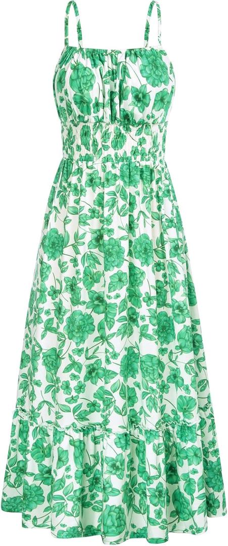 GRACE KARIN Summer Dresses for Women 2026 Vacation,Smocked Floral Maxi Dress,Boho Beach Sundress with Pocket Fashion Clothing (Green, L)