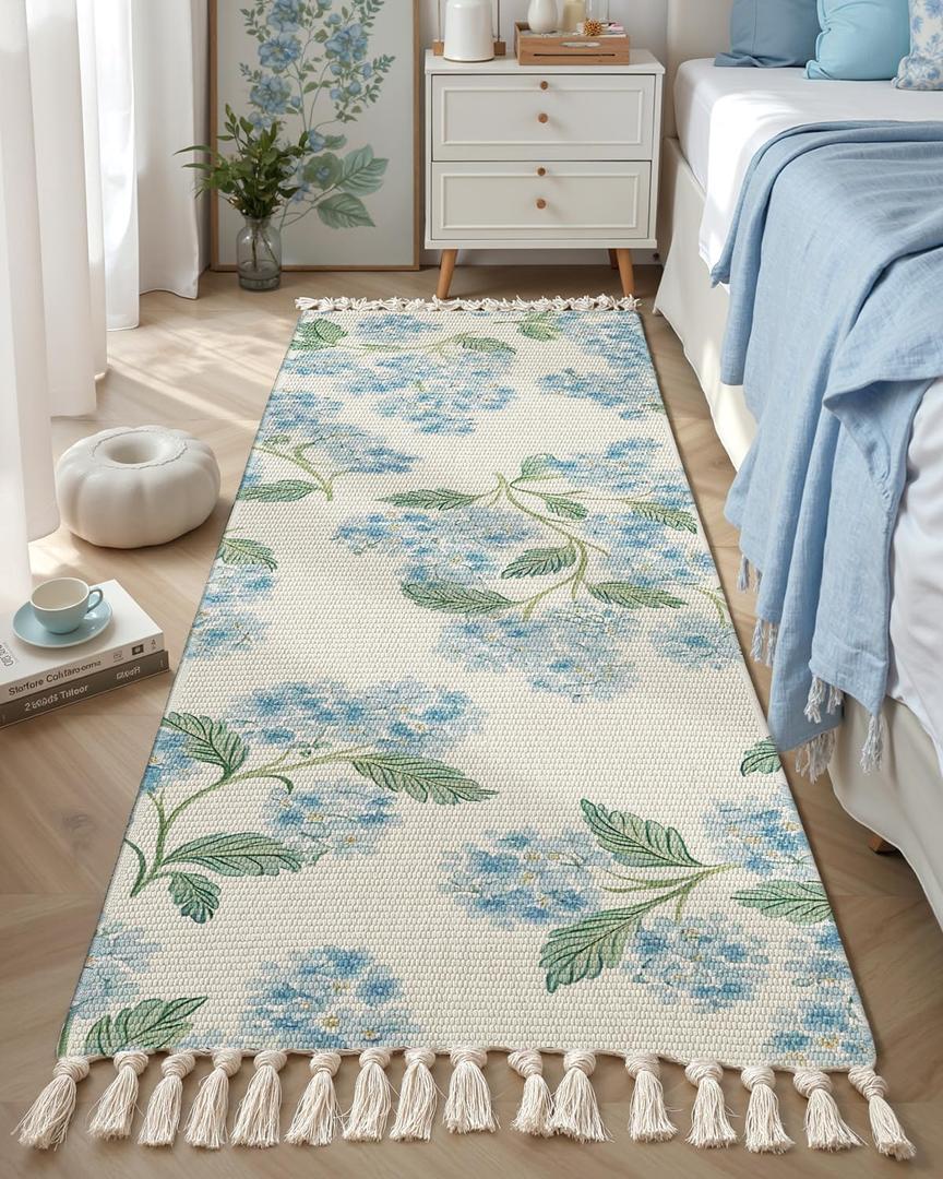 DEXI Area Rugs for Bedroom, 2x6 Reversible Hallway Rug with Tassels, Soft Low Pile Bedside Rug, Modern Laundry Room Indoor Cotton Carpet for Kitchen Floor Entryway Living Room, Blue and Pink Flower