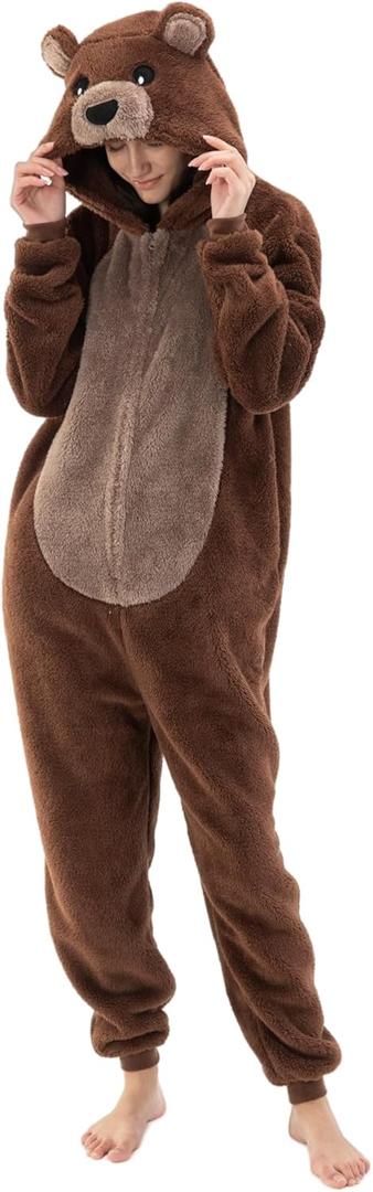 INT&TDR FANTASY Snug Fit Adult Bear Onesie Pajamas, Sherpa Cosplay Halloween Animal Zipper One Piece Costume (X-Small)