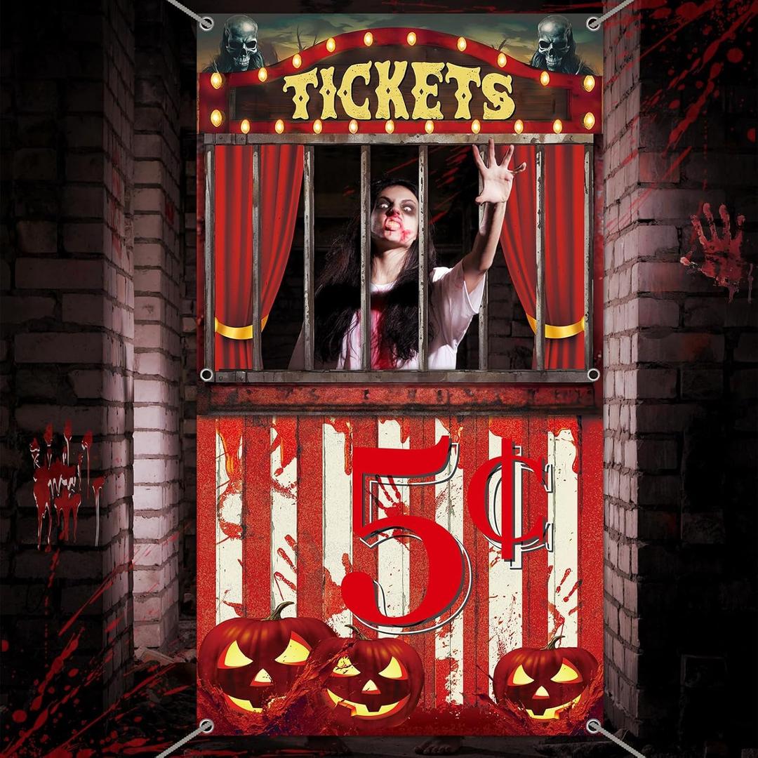 Halloween Creepy Carnival Photo Prop Selfie Frame Party Decorations Bloody Circus Backdrop Banner Carnival Ticket Photo Booth Props Background for Halloween Indoor Outdoor Party Supplies 62 x 35''
