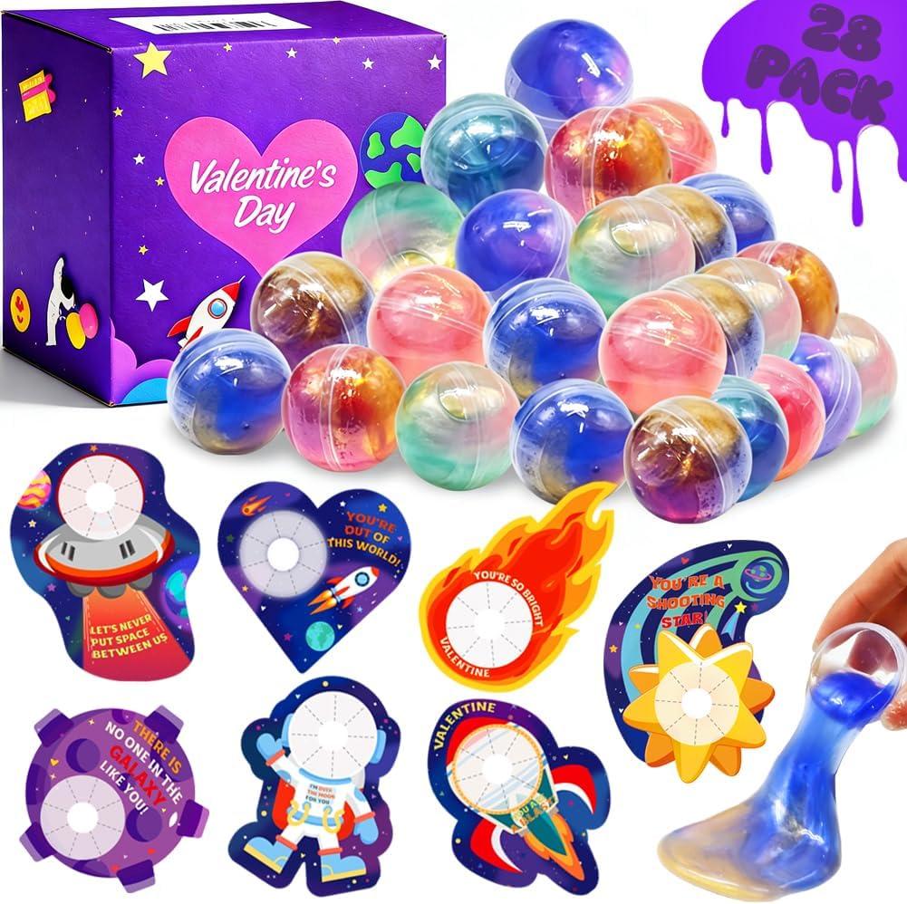 CAMIRUS 28PCS Galaxy Slime Balls with Space Valentines Cards Slime Stress Relief Fidget for Valentine School Classroom Prize Exchange, Valentine Party Favors