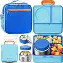 Fimibuke Kids Bento Lunch Box with Thermos, Leakproof Toddler Bento Box with 8.5 OZ Insulated Food Jar, Lunch Bag & Utensils BPA Free Dishwasher Safe 3 or 4 Compartment Container for School Girls Boys (Ocean Life)