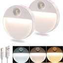 DAMI Rechargeable Motion Sensor Night Light Indoor, 2 Pack - Dimmable LED Closet Lights with 3 Color Temperatures, Magnetic Stick-On Wireless Under Cabinet Lighting for Hallway, Stairs, Kitchen (White_Round)