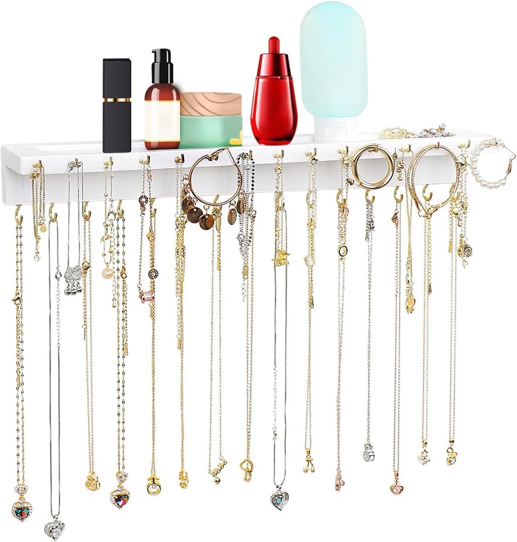 Necklace Holder, Upgraded Extra Large Wall Necklace Organizer with 30 Hooks Wall Mounted Necklace Hanger with Jewelry Tray/Cosmetics Shelf Rustic Pine Wood Holder (White)