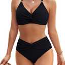 Blooming Jelly Women's High Waisted Bikini Sets Matel Tummy Control Swimsuits V Neck Twist Front Bathing Suit (Medium, Black)