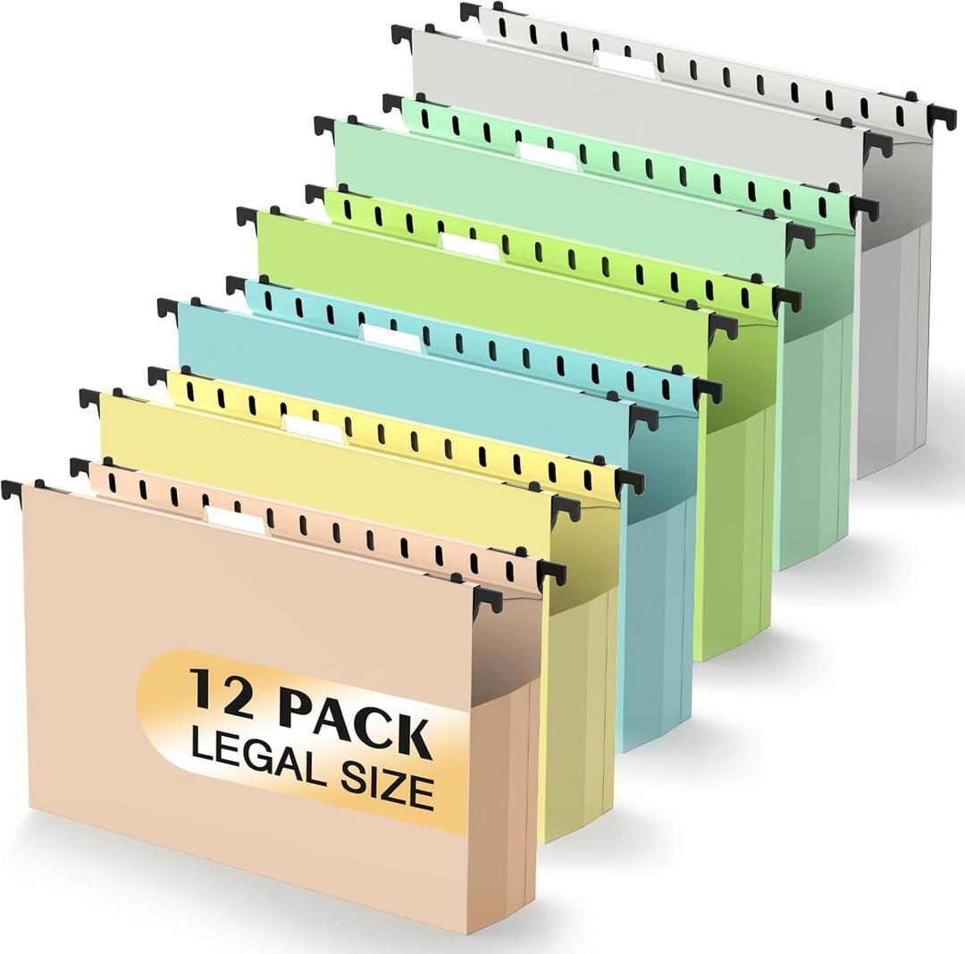 SHUTEX Extra Capacity Plastic Hanging File Folders,12 Pack Reinforced Expanding Hang Folder Legal Size,Accordian Pocket,Heavy Duty 2 Inch Expansion,Hanging Folder Organizer for Office Home, Pastel