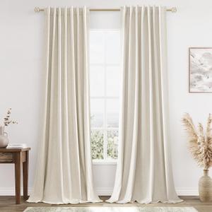 Guken Beige Cream Linen Blackout Curtains 96 Inch Length 2 Panels Set for Living Room Bedroom Back Tab Thermal Insulated 100% Black Out Linen Drapes Room Darkening Window Curtains 96 Inches Long 