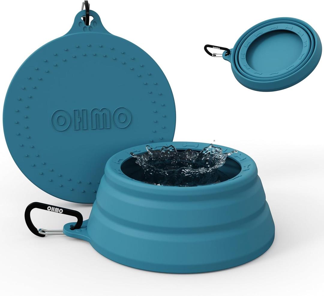 OHMO Spill Proof Collapsible Dog Water Bowl 24oz for Cars, No Splash Portable Bowls for Dog Travel, Pet Essentials for Road Trips, Cat Travel Accessories (Peacock Blue)