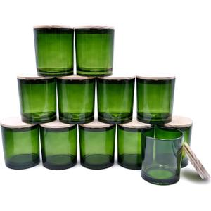 14 OZ Thick Candle Jars for Making Candles 12 Pcs, 3 Wick Empty Jars with Wood Lids for Candle Making, Sample Container,Clear Green