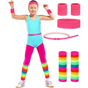 Cuffbow 6 Pcs Kids 80s Workout Costume Accessories Set Include Neon Leotard Legging Leg Warmers Wristband Headband Belt (2-3 Years)