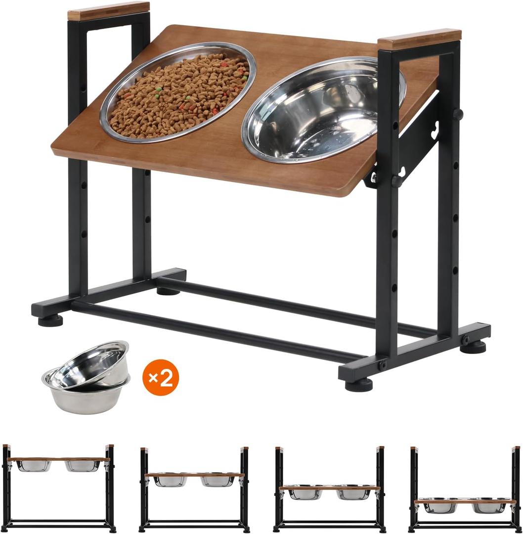 Adjustable Height Pet Feeder Stand with 2 Dishwasher-Safe Stainless Steel Bowls Brown Wood Top & Black Metal Frame Elevated Food/Water Station for Dogs/Cats Under 100LBS