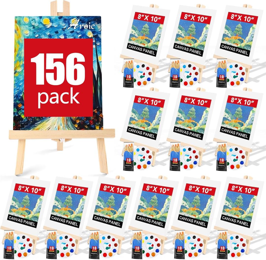 AROIC 156 PCS Professional Painting Set with Easels, 12 Wood Easels,120 Brushes with Nylon Brush Head,12 Drawing Boardart and 12 Palette, Painting Supplies kit for Adults to Painting Party.