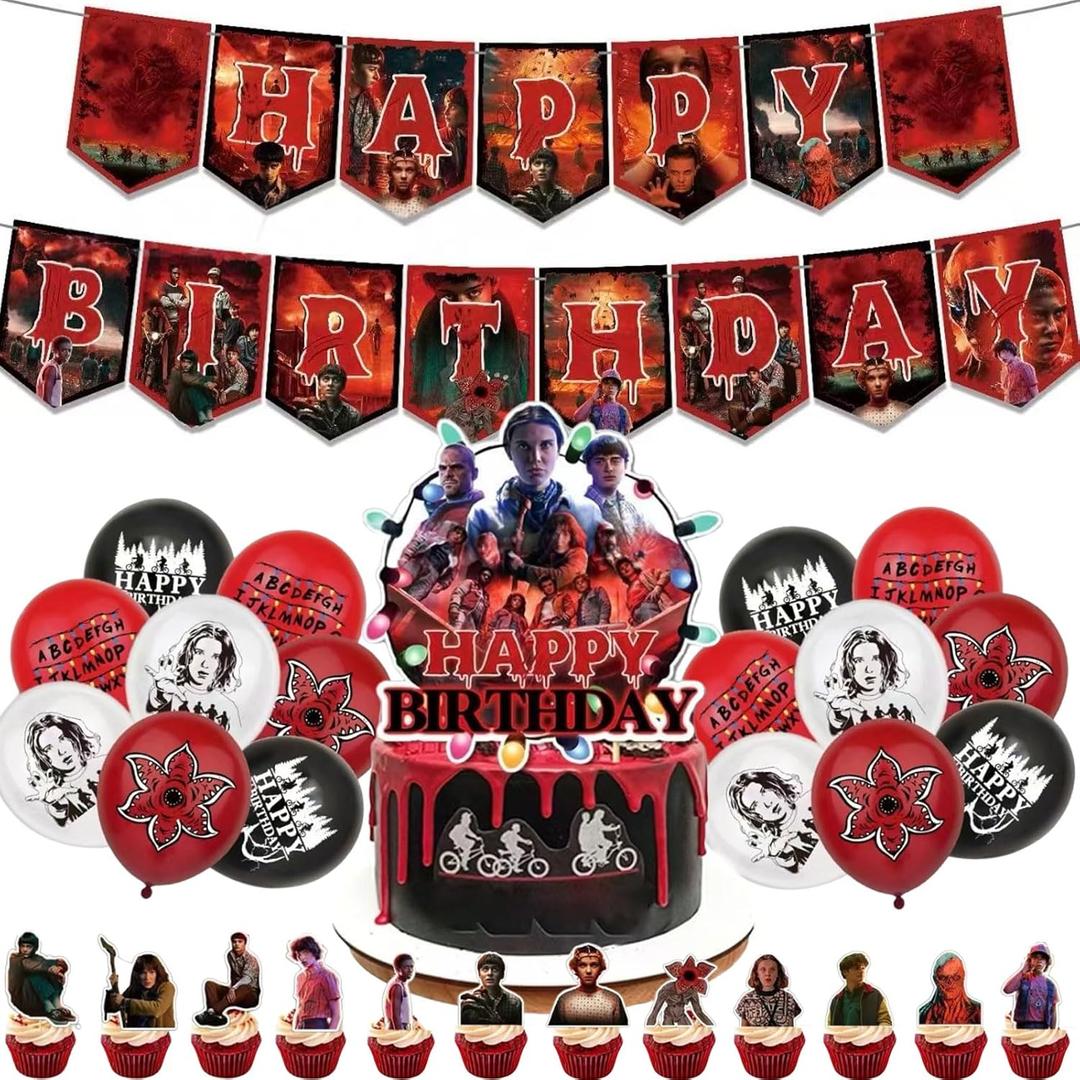 Stranger TV Birthday Party Decorations, Movie Theme Party Supplies Set Including Banner, Balloons, Cake topper for Boys & Girls Theme Party