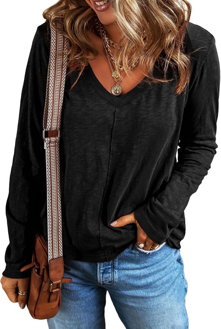 EVALESS Womens Tops Fashion V Neck Long Sleeve Shirts Casual Fall Outfits Basic T Shirts Blouses Top Women's Clothing (Black) Small